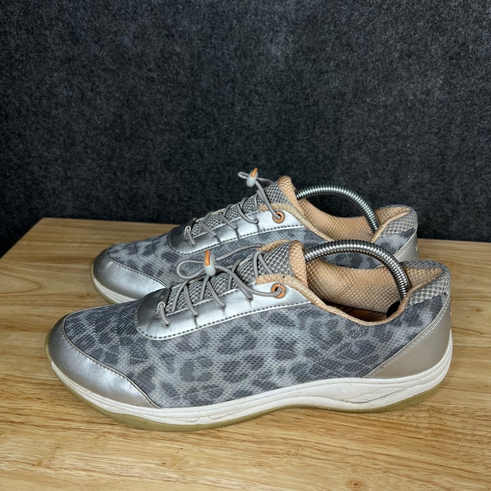 Vionic Neptune Walking Shoes Silver Grey Leopard Print Bungee Sneaker Womens 10